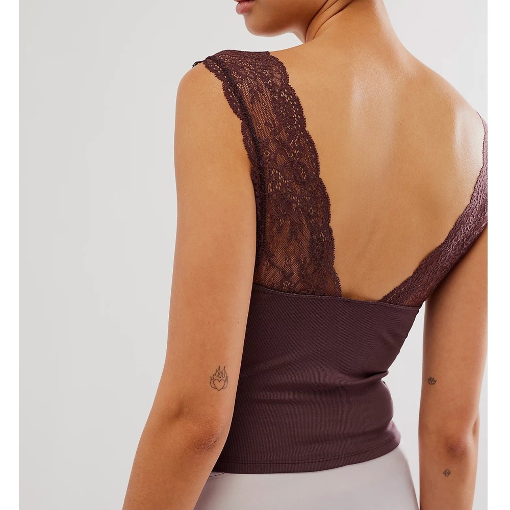 NWT Intimately Free People Lace Cami Top Plunge Low Back Ribbed Bodice Cocoa M - Picture 3 of 8